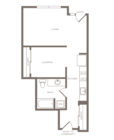 Floor plan for 1 bed, 1 bath, 621 sqft